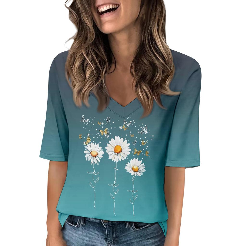 Women's V Neck T Shirts Half Sleeve Tops Printed Casual Summer Tees T Shirt Blouse