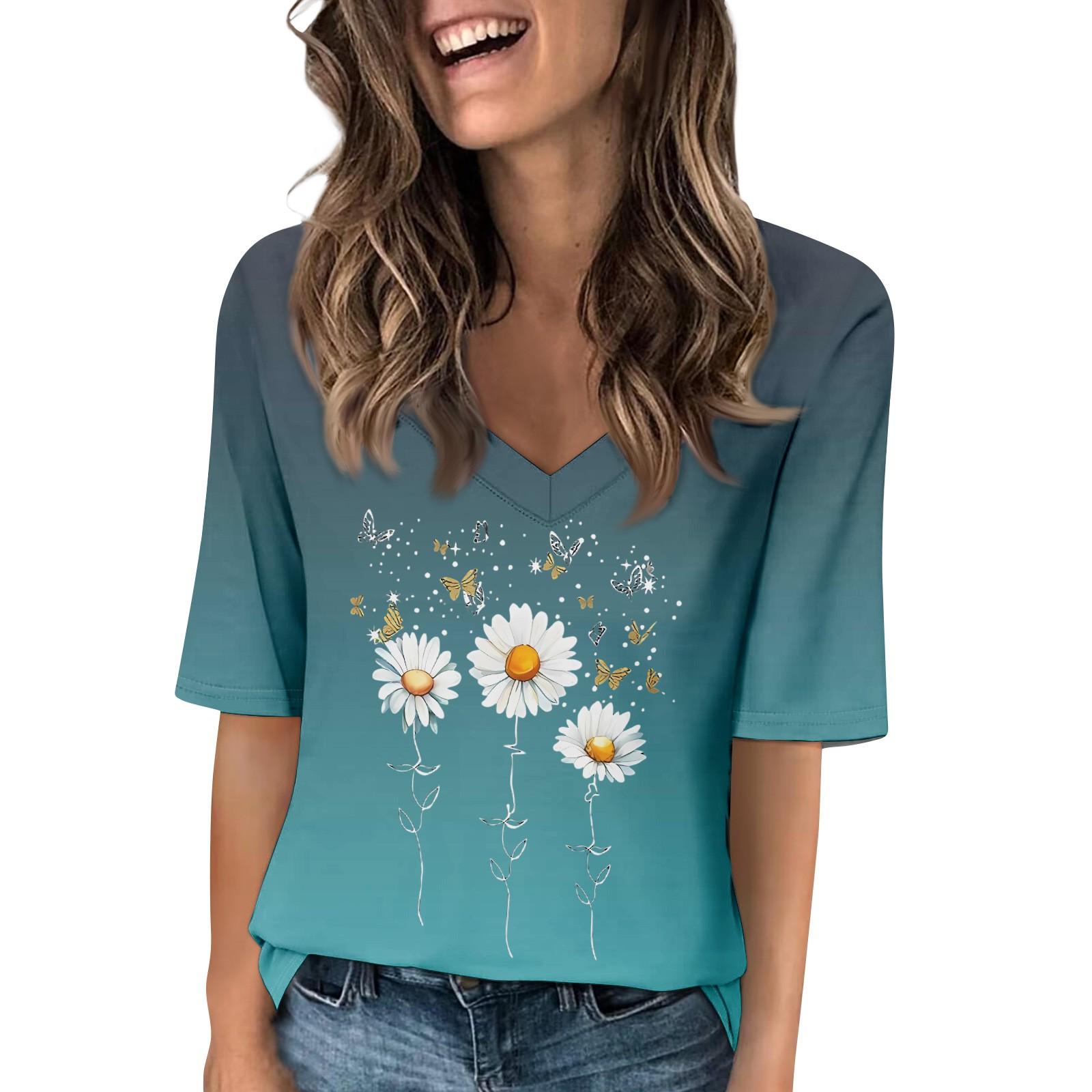 

Женские футболки с V-образным вырезом, топы с половиной рукавов, повседневные летние футболки с принтом, футболка, блузка M