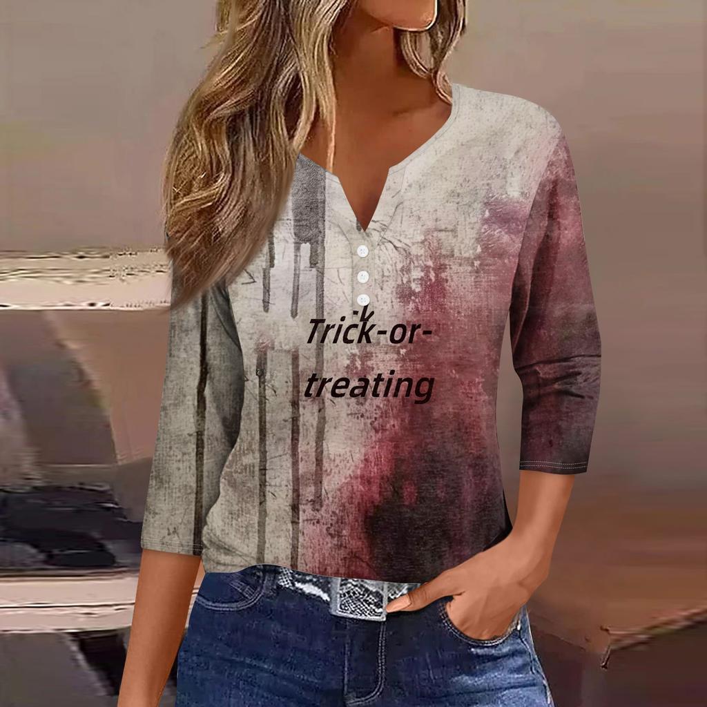 Damesmode Casual Halloween Print V-hals Korte Mouw Decoratieve Knop Driekwart Mouw T-shirt Top