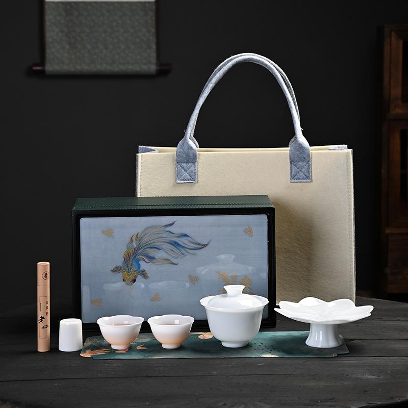 Yangzhi Jade Porcelain Ice Seed Travel Tea Set Light Luxury Household Ceramic Gaiwan Tea Cup High-end Gift Outdoor Tea Set