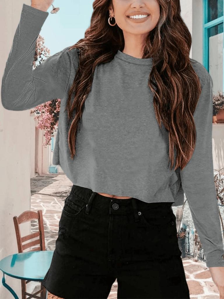 Women's Drop Shoulder Long Sleeve Crop Top Crew Neck Loose Casual Tee