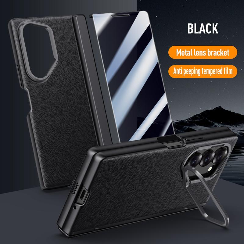 Magnetic Metal Ring Bracket Phone Case for Samsung Galaxy Z Fold 6 5G with Lens Stand Skin Feel Leather Hinge Protective Cover