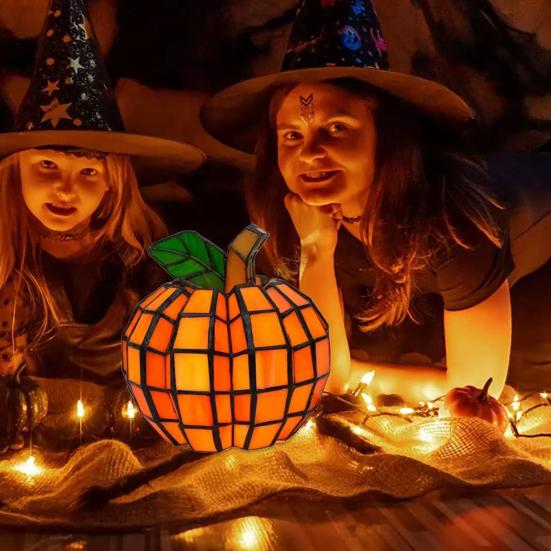 Stained Glass Pumpkin Lantern Handmade Halloween Pumpkin Lamp Starry Night Glass