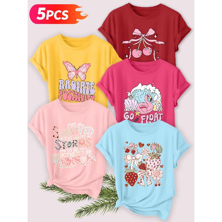 Five-piece set Elegant short-sleeved shirt for women Sunset Coast Print Round Neck Women's Short Sleeve Suitable for Spring and Summer Fashionable