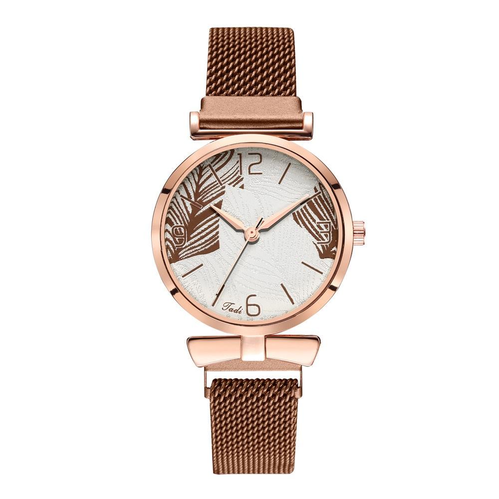 

Простые элегантные женские кварцевые часы с листовидным узором коричневый