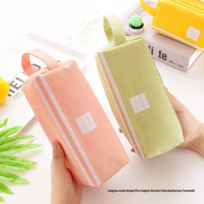 Ins Style Double Layer Canvas Pencil Case for Students - Simple, Creative Design with Zippers