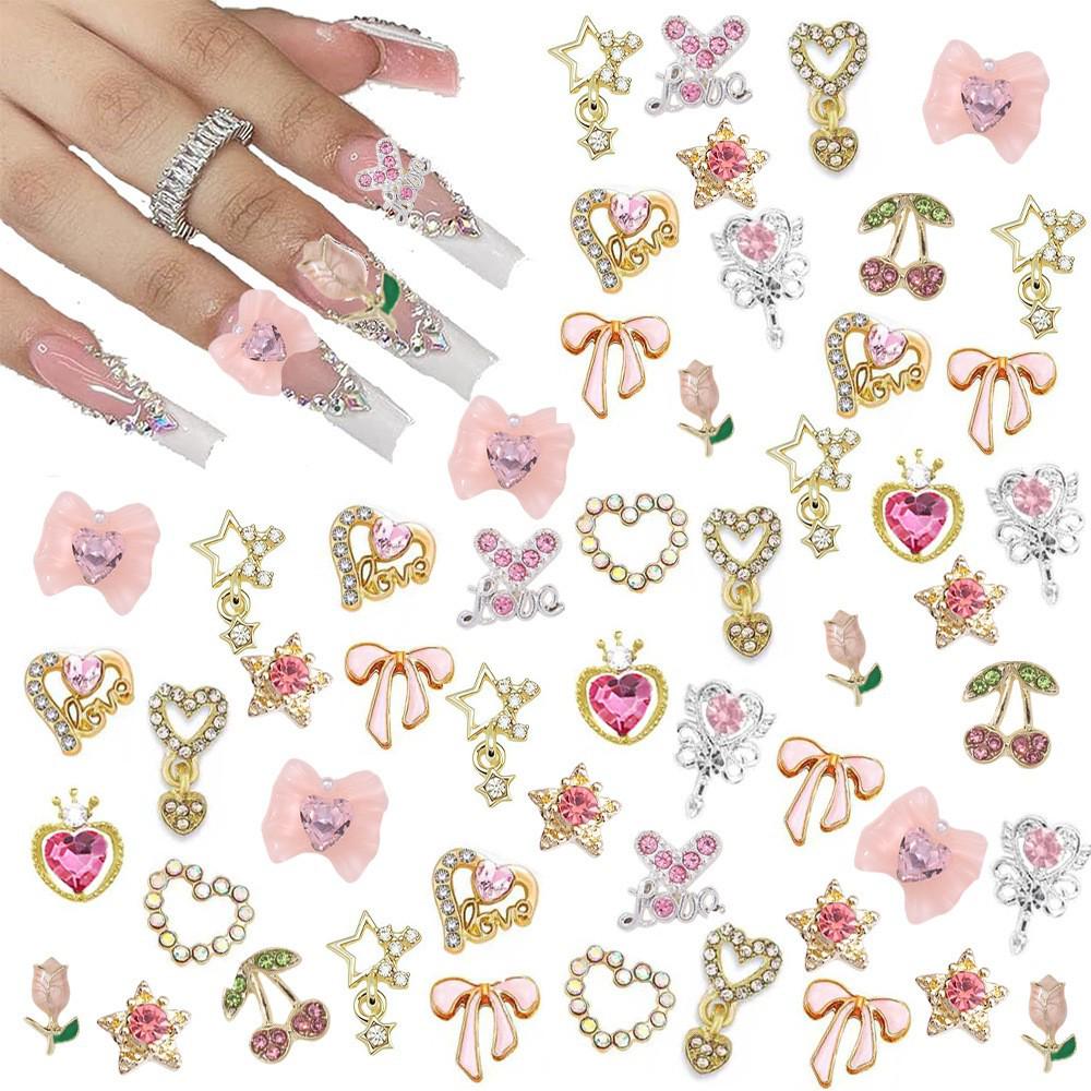 

24-Piece Y2K Nail Art Charms: Heart, Star, Bow, Cherry Rhinestones