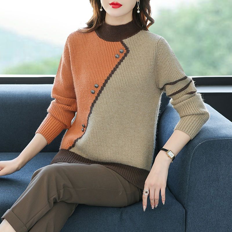 Pull Femme Autumn Winter Women's Sweater High Collar Female Knitted Tops Button Splice Warm Casual Pullovers Outwear