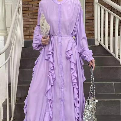 Schicke Kleider Frühling Französisch Elegante Spleißen Unregelmäßige Rüschen Kleid Langarm Langen Rock Weibliche Kleider