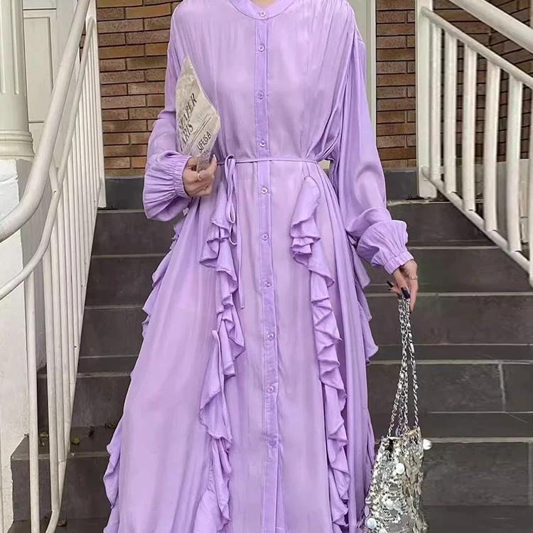 

Шикарные платья Весеннее французское элегантное платье с нерегулярными оборками Длинные рукава Длинная юбка Женские платья One Size фиолетовый