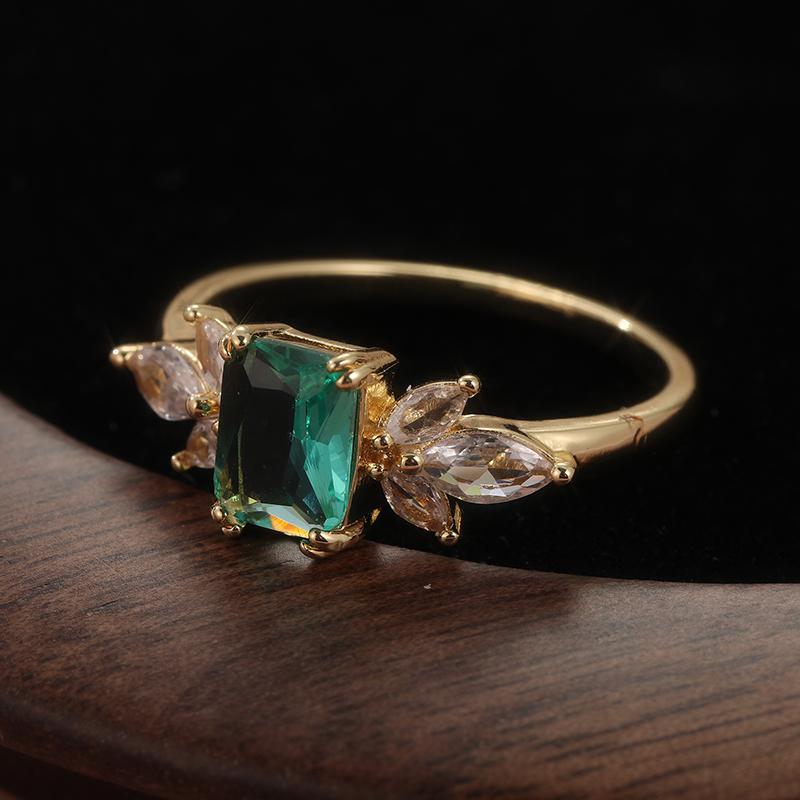 Fashion Gold Color Inlaid White Green CZ Women's Ring Geometry Daily Wear Party Jewelry