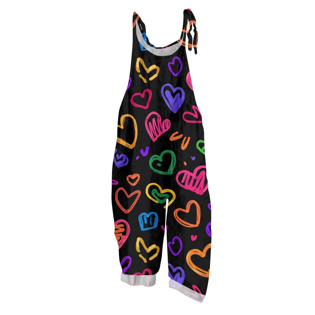 Damen Jumpsuit Print Casual Loose Vintage Schultergurt Baumwolle Leinen