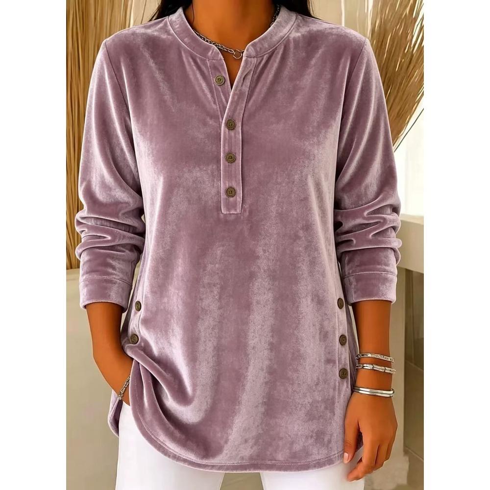 Autumn Winter New Women's Gold Velvet Top Casual Loose V-Neck Button Long Sleeve T-Shirt Velour Tee