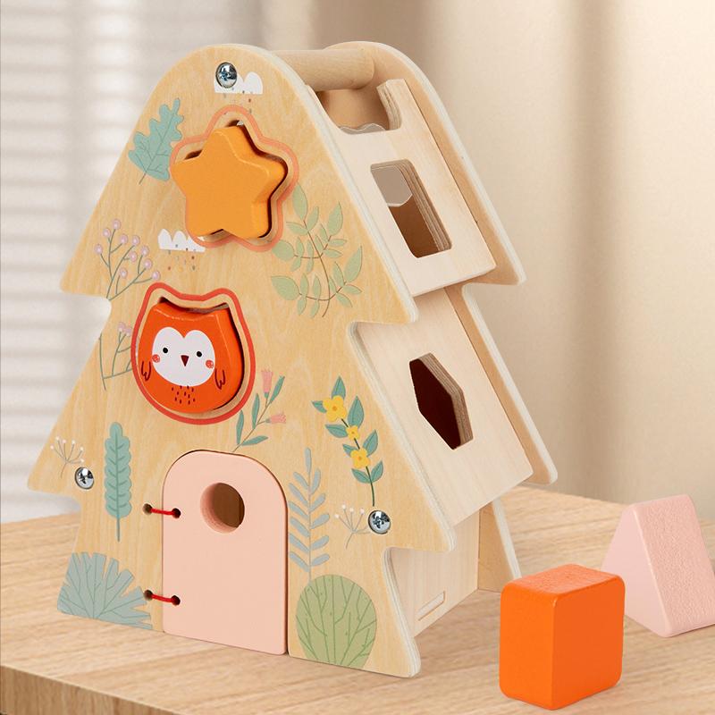 Montessori Wooden Toys Shape Pairing Tree House Shape Animal Cognitive Busy Box Toys for Kids Early Learning Sensory Toy