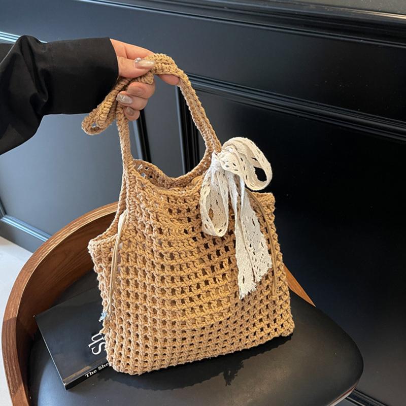 

Натуральная вязаная крючком наплечная сумка для женщин - Большая вместительная плетеная вручную пляжная сумка с шарфом, летняя модная сумка-шоппер AVE 27*7*29cm хаки