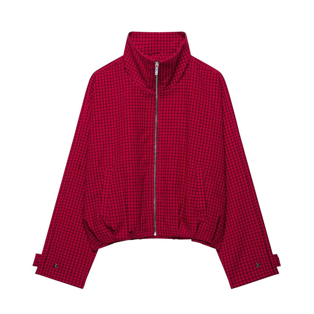 Women Long Sleeve Stand Collar Plaid Pilot Jacket