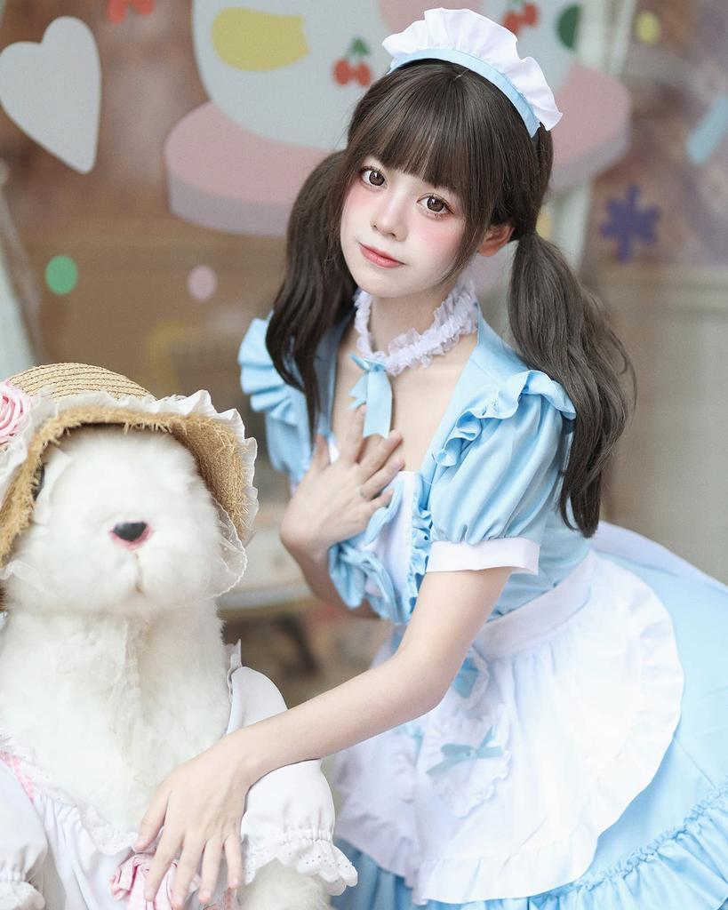 Milky Time Women's Lolita Maid Cosplay Dress, Short Sleeves, Ribbon, 4 Colors (Blue)