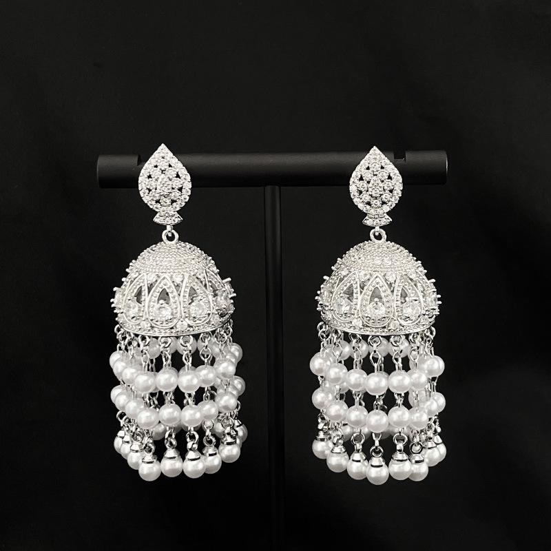 Vintage Ethnic Tassel Earrings with Birdcage and Pearl Accents