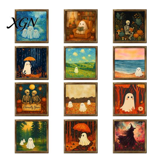 Distressed Halloween Party Props Ghost/Witch/Skeleton Decorative Painting, Wall Mount Square Wood Frame Wooden Decor Picture for Home