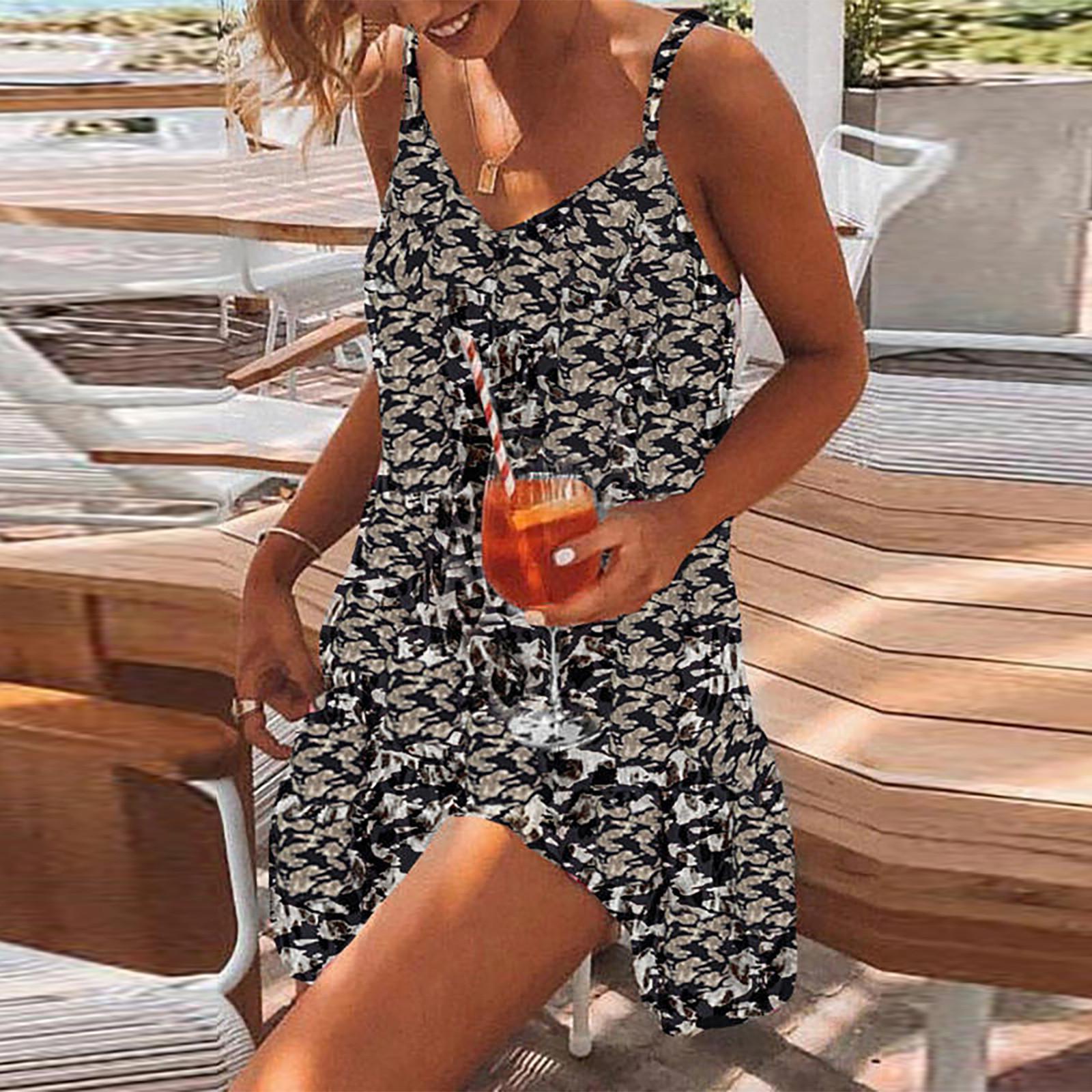 

Women V-Neck Strap Open Back Sexy Print Sleeveless Above Knee Dresses XXL чёрный