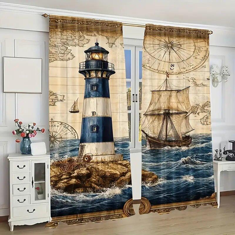 2Pcs- Nautical Style Lighthouse Pattern Printed Curtains, Window Decorations, Home Decorations, Room Decorations