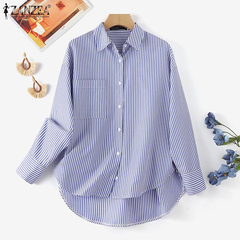 

ZANZEA Женская повседневная блузка в полоску с отложным воротником и длинными рукавами