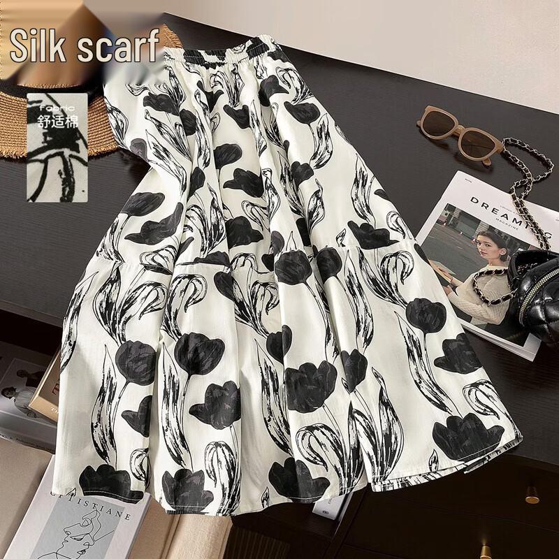 Elegant A-Line Floral Print High-Waist Cotton Midi Skirt One Size