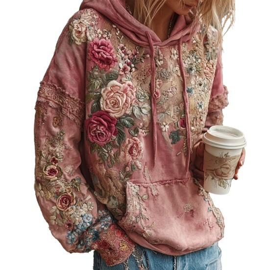 Damen Vintage Böhmischer Blumen-Hoodie Lässiges Langarm-Kapuzensweatshirt mit Tasche Übergroßer Blumen-Kunstdruck Pullover Tops