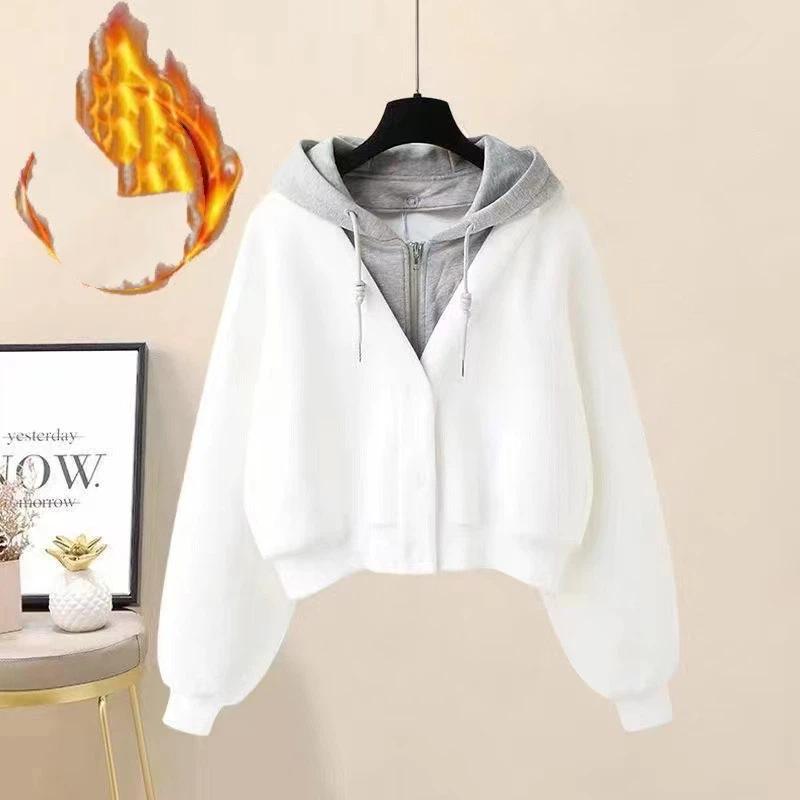 Damen Herbst- und Wintermode Lockerer und plüschiger dicker Cardigan Kapuzen-Reißverschlussjacke