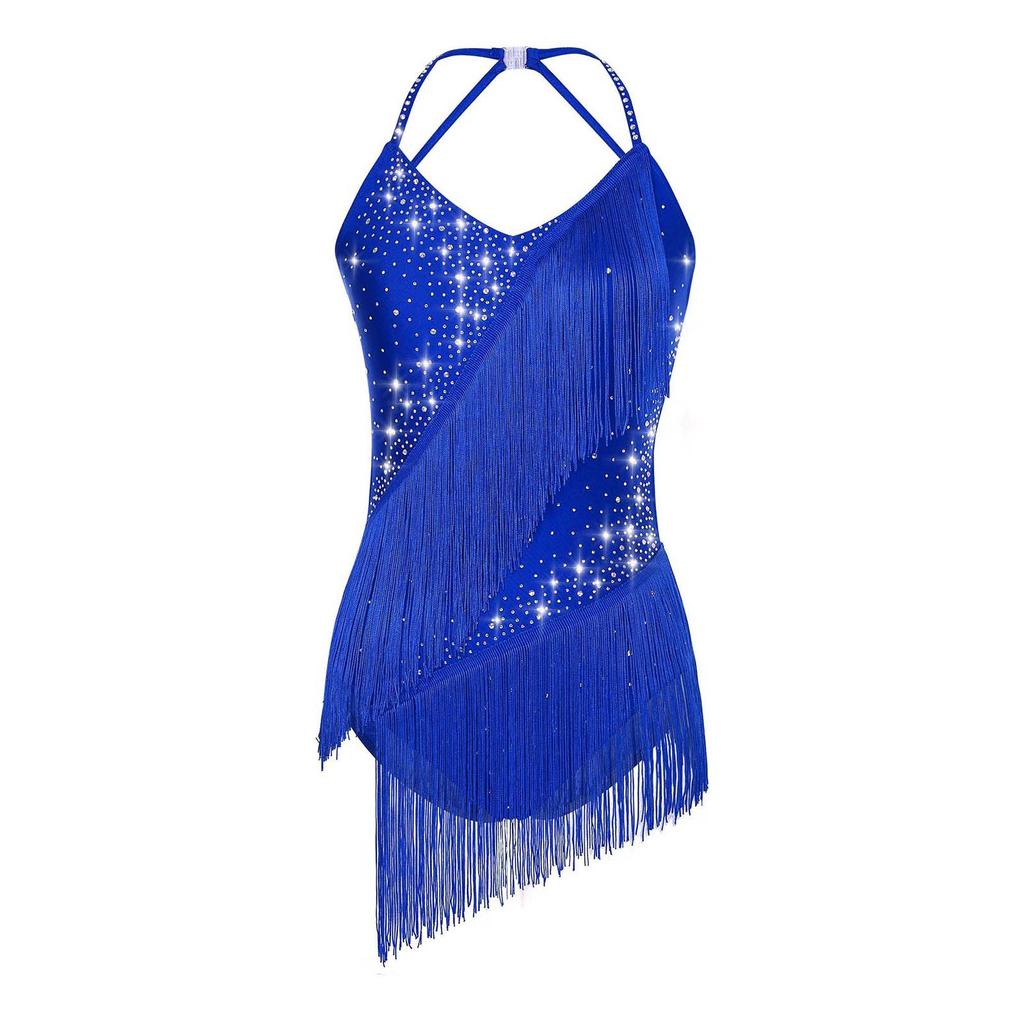 Womens Latin Dance Leotard Halter Neck Backless Design Rhinestone and Tassel Embellishments for Competitions and Shows