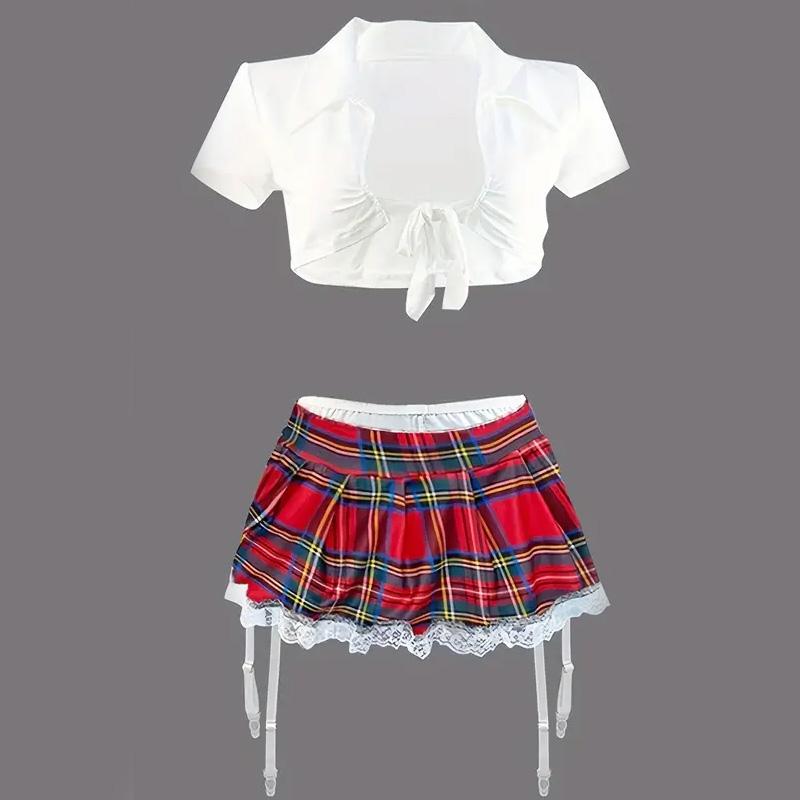Naughty Collegiate Cosplay Costume with Solid Tie Front Short Sleeve Lapel Top Plaid Printed Lace Trimmed Mini Skirt Women's Sexy Lingerie and Panties