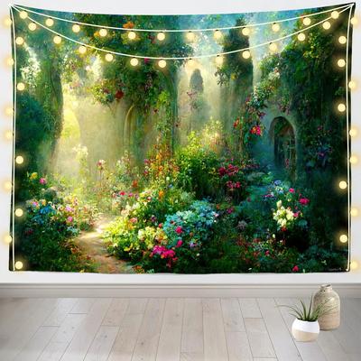 Fairy Tale Garden Tapestry - Enchanted Flower Arche, Colorful Greenery Wonderland Wall Hanging for Girl Princess Magic World