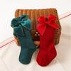 2 Paar Klassische Kniehohe Socken Weihnachten Thema Socken mit Schleifchen Dekoration für Baby Mädchen 2024 Neujahrsgeschenk