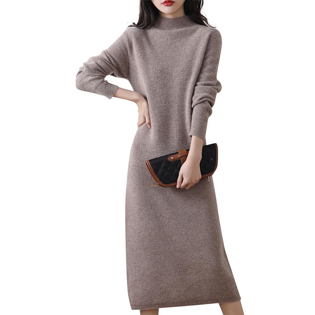 Damen Strickkleid mit halbem Stehkragen, einfarbig, Langarm-Pullover, langes Kleid