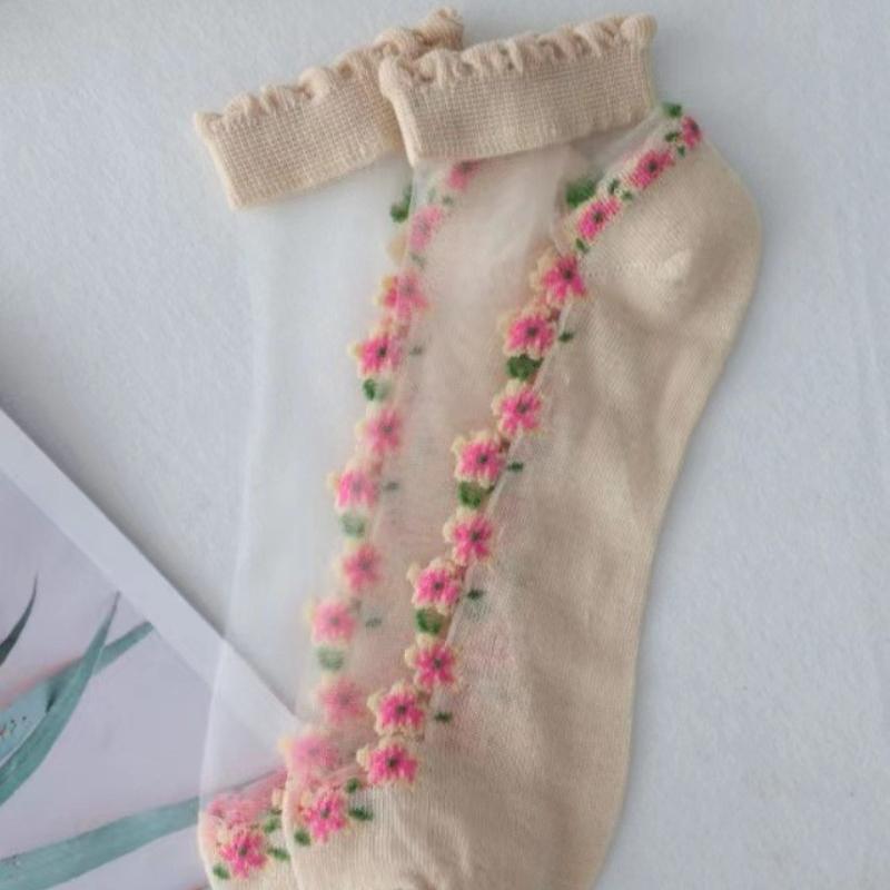Summer Short Socks Made of Floral Glass Fiber for Women, Cute Ins Short Socks with Cotton Soles, Sweat-absorbing and Breathable Socks
