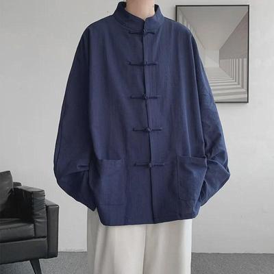 Men's Navy Blue Cotton-Linen Hanfu Jacket with Buttoned Collar - Spring/Autumn Taoist Style