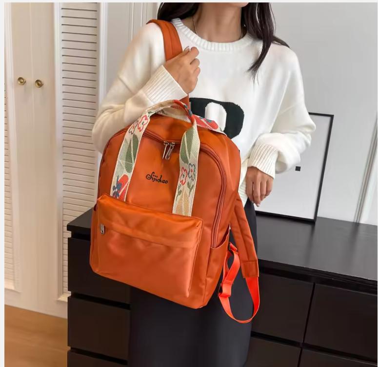 Nylon Fabric Fashion Backpack For Women Floral Hand Strap Pure Color Large Capacity Travel Bag Multi-pocket School Book Rucksack