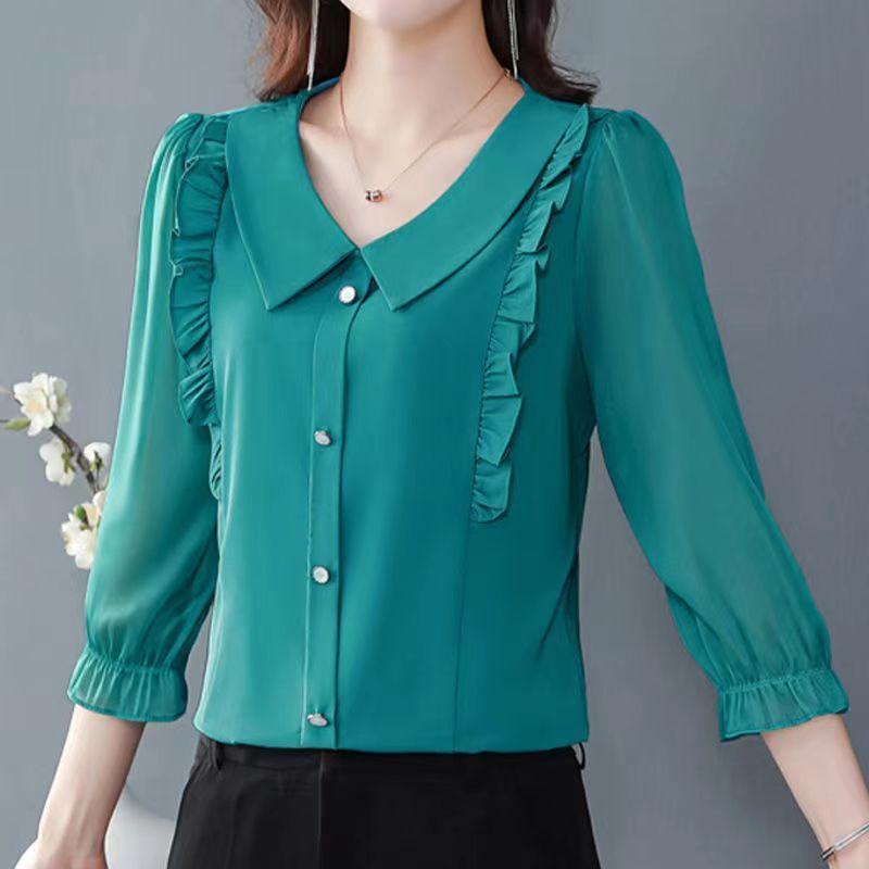 Women's Clothing Elegant Blouses Korean Fashion Solid Long Sleeve Casual Shirts Chic Loose All Match Chiffon Tops