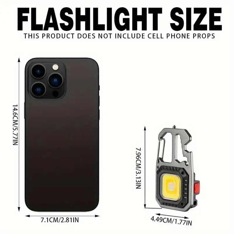 Mini Rechargeable Keychain Flashlight with COB LED Multifunctional Work Light, Bottle Opener, Window Breaker for Outdoor, Emergency, Camping