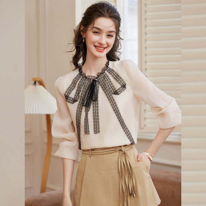 Bailuyu Women s Elegant Bowknot Lace Round Neck Long Sleeve Shirt M