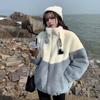 Women Winter Coat Thick Fleece Colorblock Patchwork Stand Collar Neck Protection Drawstring Zip-up Cardigan Long Sleeves Cold-proof Outerwear Jacket