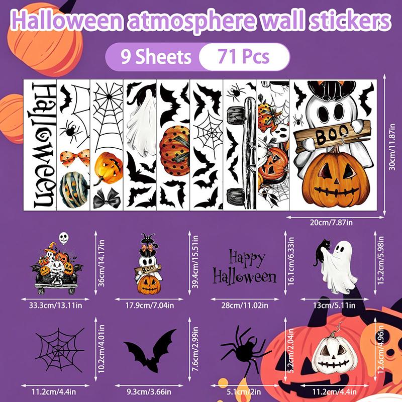 6/8/9 Sheets Halloween Window Clings Cute Ghost Pumpkin Bat Removable Self Adhesive For Home Party Glass Decor