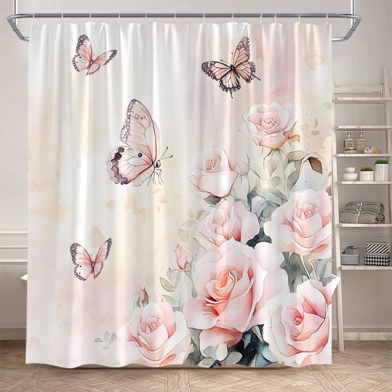 Rosa Ros Blommiga Duschdraperier Naturlig Grön Växt Blommor Alla Hjärtans Dag Badrumsdraperi Modernt Tyg Badrumsinredning med Krokar