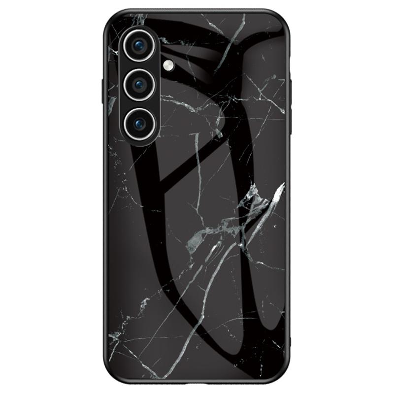 

For Samsung Galaxy S24 FE Case Marble Pattern Tempered Glass+PC+TPU Protective Phone Cover Black Marble
