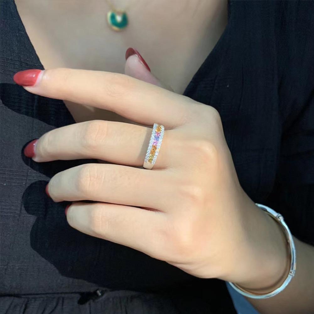 Open Ring 18K Gold Plated Rainbow Sapphire Gradient Simulated Zirconia Stackable Ring Fashion Jewelry adjustable