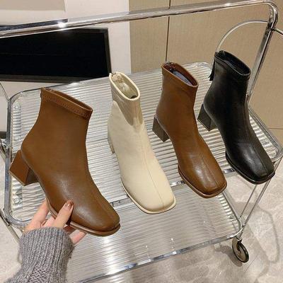 French Short Boots Women's 2025 New Spring and Autumn Single Boots Thick Heel High Heel Bare Boots Square Head Thin Boots Small Martin Boots