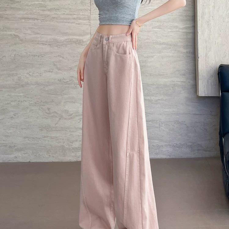 Women's Pink Tencel High-Waisted Wide-Leg Jeans - Summer 2026 Collection, Loose Ice Silk, Floor-Length Straight Pants.