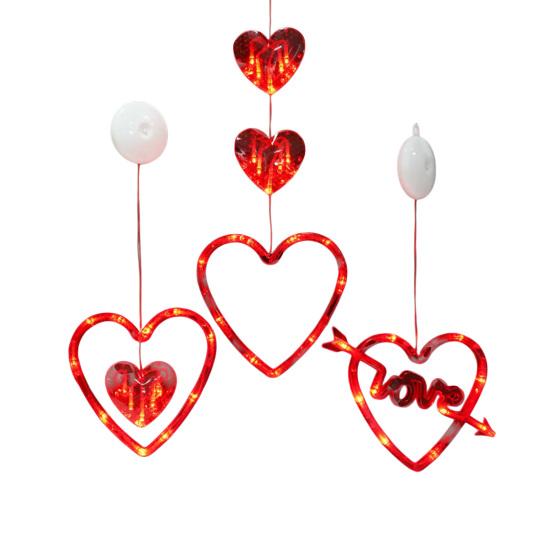 3 Bucăți Lumini Cortină Inimă cu Ventuze Lampă Portabilă Iubire Lumini Fereastră de Ziua Îndrăgostiților cu Telecomandă Iluminat Festiv Romantic