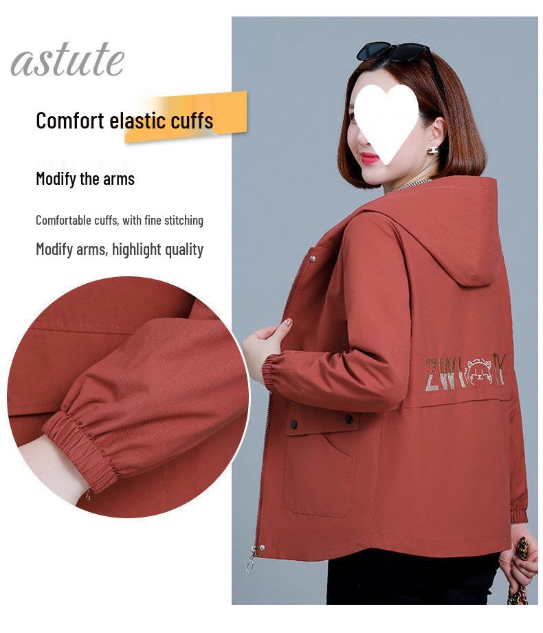 Women's Spring-Autumn Plus Size Hooded Windbreaker - Casual, Stylish, and Age-Reducing for Middle-Aged Women