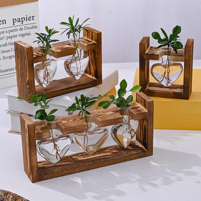 Creative Wooden Frame Heart Shape Hydroponic Small Vase Green Pineapple Plant Glass Bottle Bonsai Container Home Desktop Decor